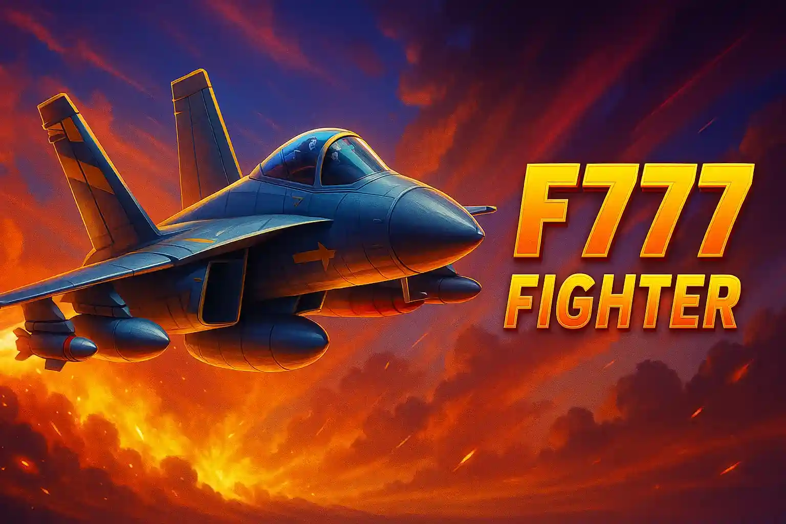 F777 Fighter crash game promotional banner featuring realistic blue military fighter jet with afterburner against dramatic orange and purple sky