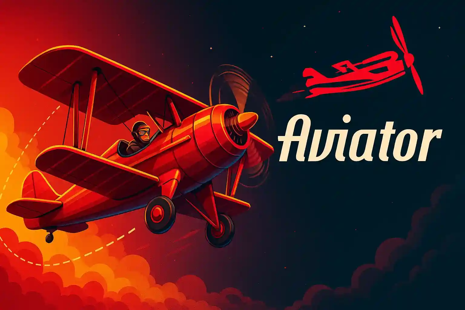 Aviator crash game promotional artwork featuring classic red biplane with pilot flying through orange and purple sky with game logo and plane icon