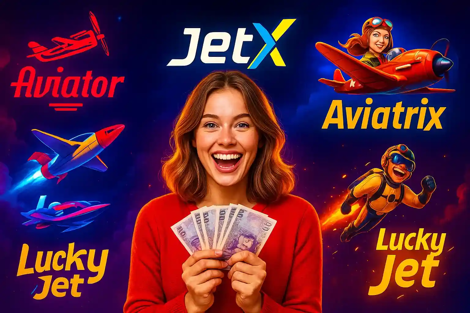 Collection of crash games including Aviator, JetX, and other popular titles with winner celebration elements