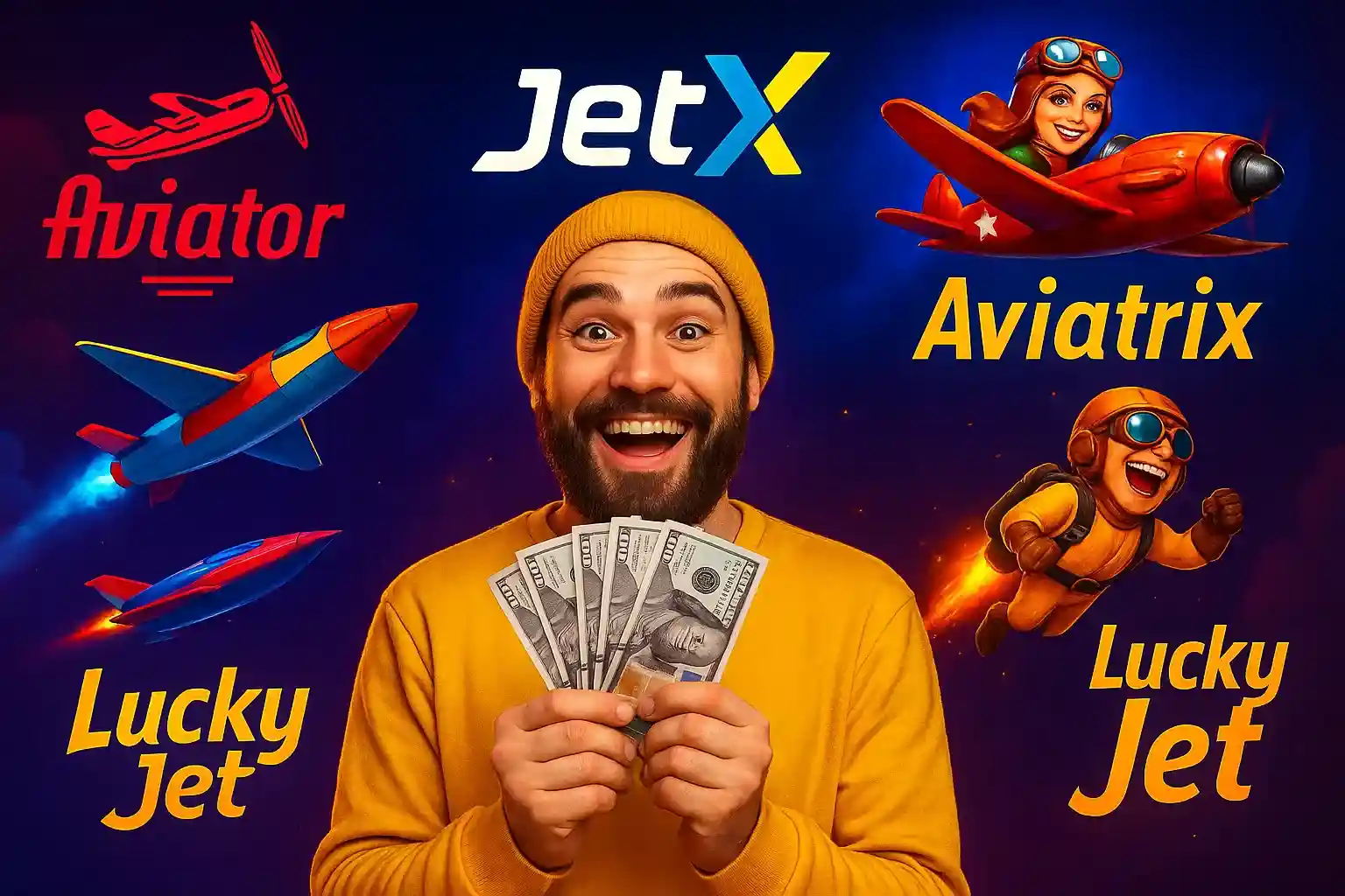 Happy bearded man in yellow beanie and sweater displaying US dollar bills with crash games around him - Aviator red plane, JetX logo, Aviatrix with female pilot, and Lucky Jet character