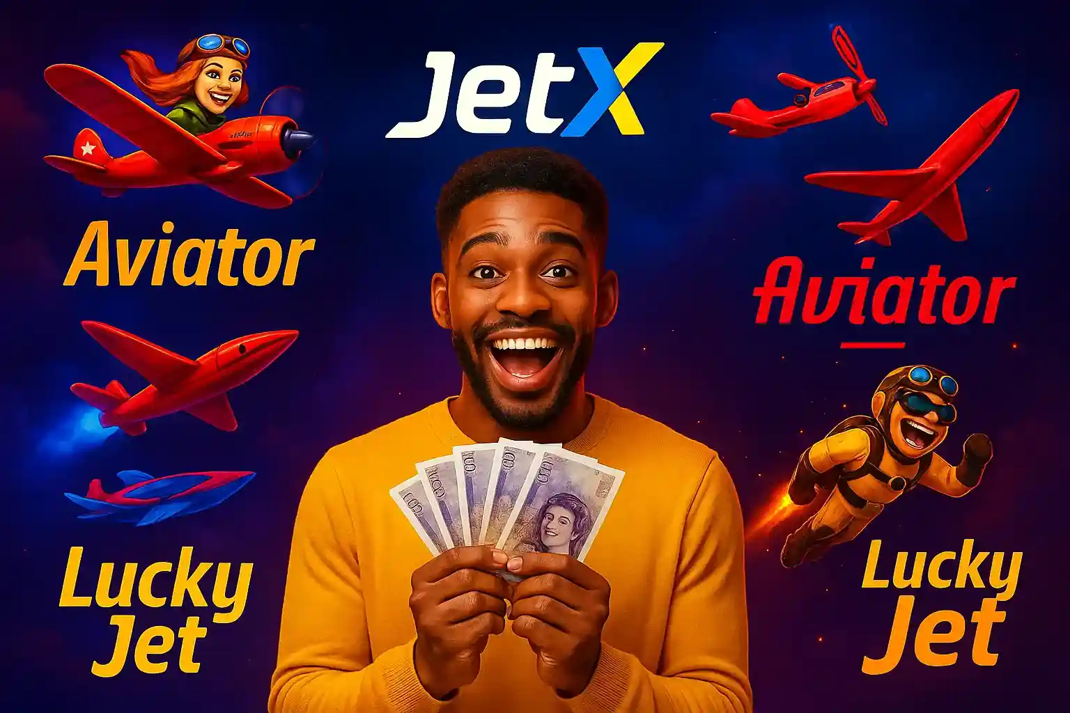 Excited Black man in yellow sweater holding British pound banknotes celebrating crash game wins, surrounded by Aviator with female pilot, JetX logo, Lucky Jet with cartoon character, and red aircraft
