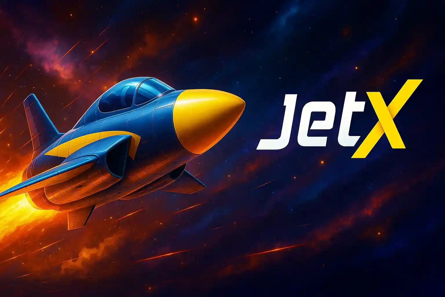 JetX crash game logo featuring futuristic blue and yellow spaceship with flames flying through colorful nebula space background