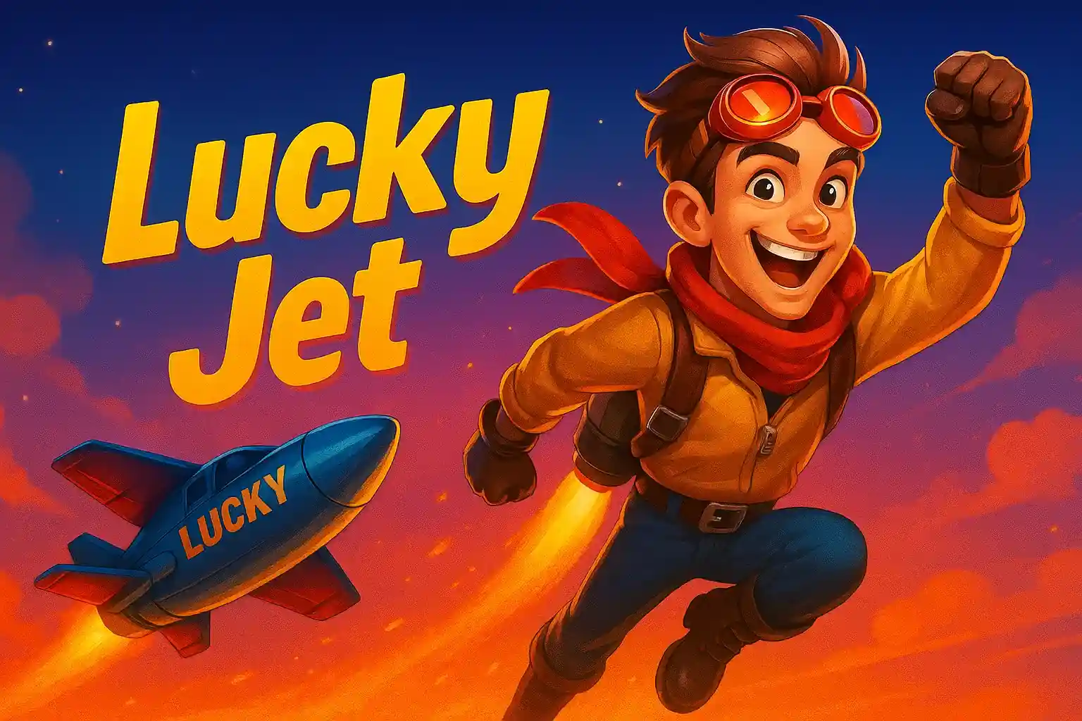 Lucky Jet promotional artwork showing enthusiastic young pilot character with goggles and red scarf flying with jet pack next to blue rocket